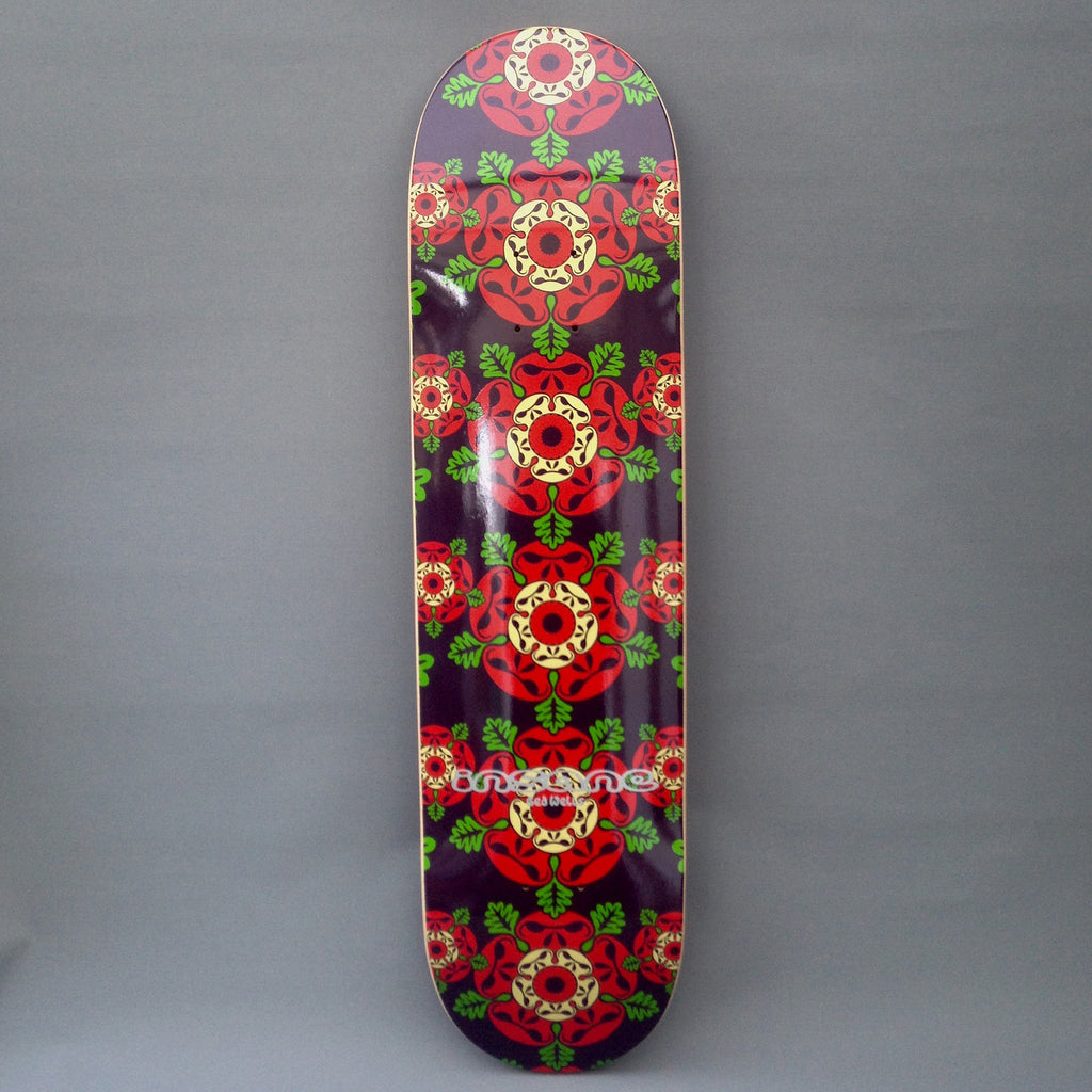 A skateboard deck featuring Ged Wells' graphic interpretation of the mediaeval Tudor Rose 