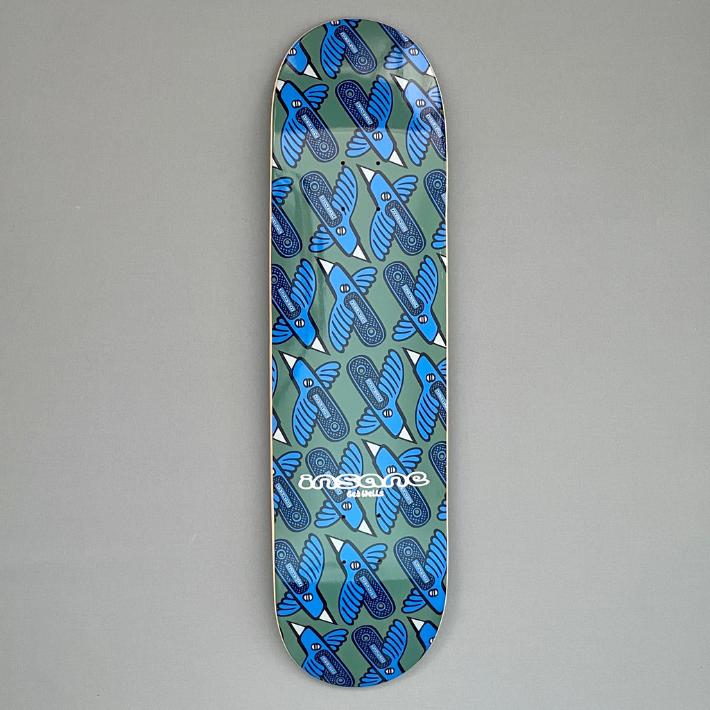 A skateboard deck featuring the classic Insane blue Stanley Bird as a repeat print