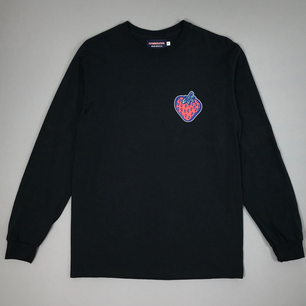 Insane Strawberry on Black Long Sleeved T-Shirt