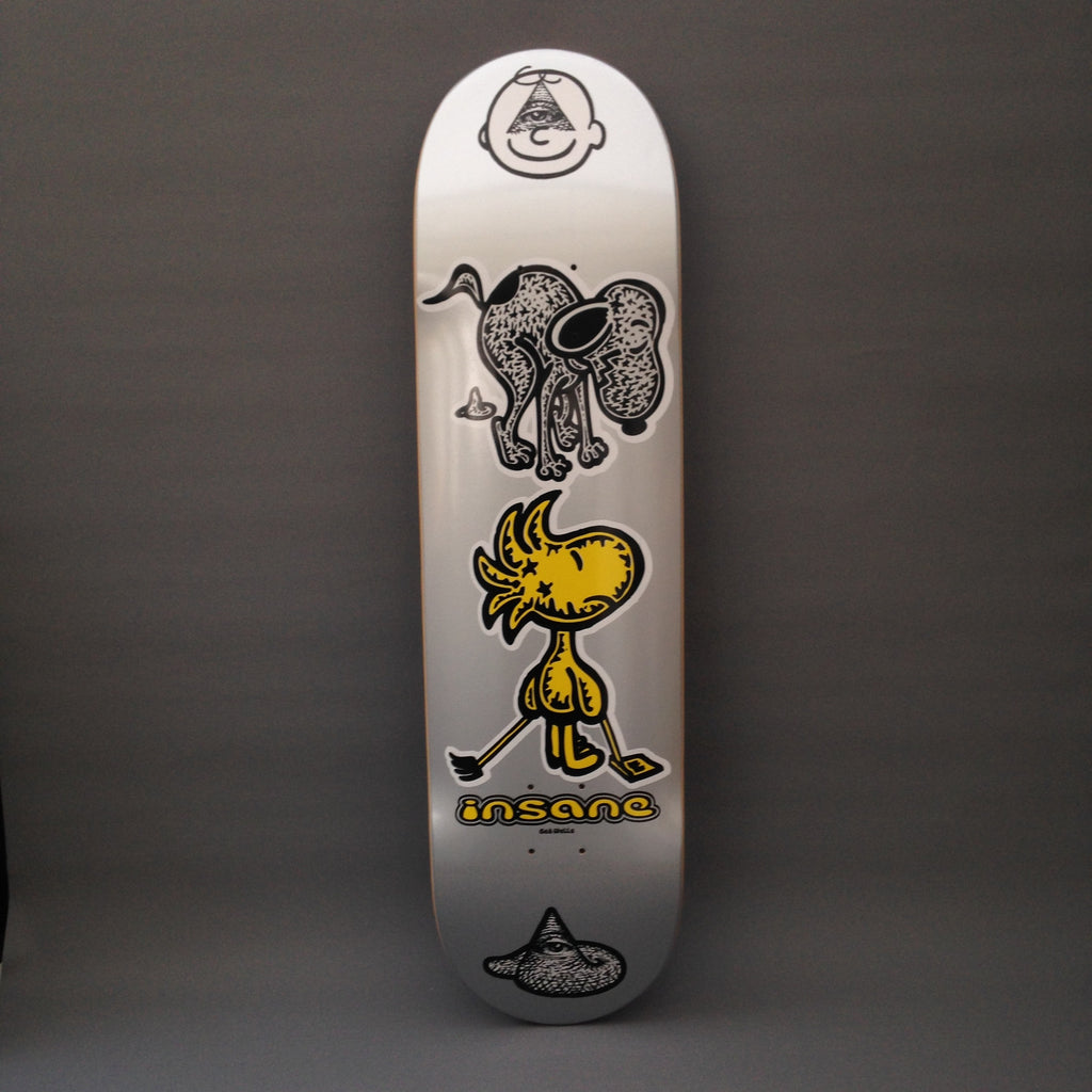 A skateboard deck featuring Ged Well's interpretation of the classic Snoopy and Charlie Brown cartoon characters