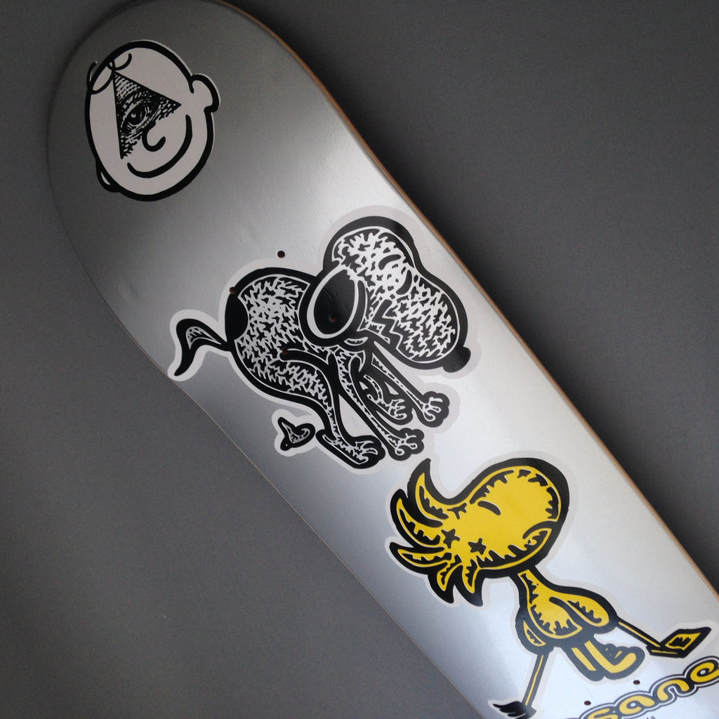 A skateboard deck featuring Ged Well's interpretation of the classic Snoopy and Charlie Brown cartoon characters